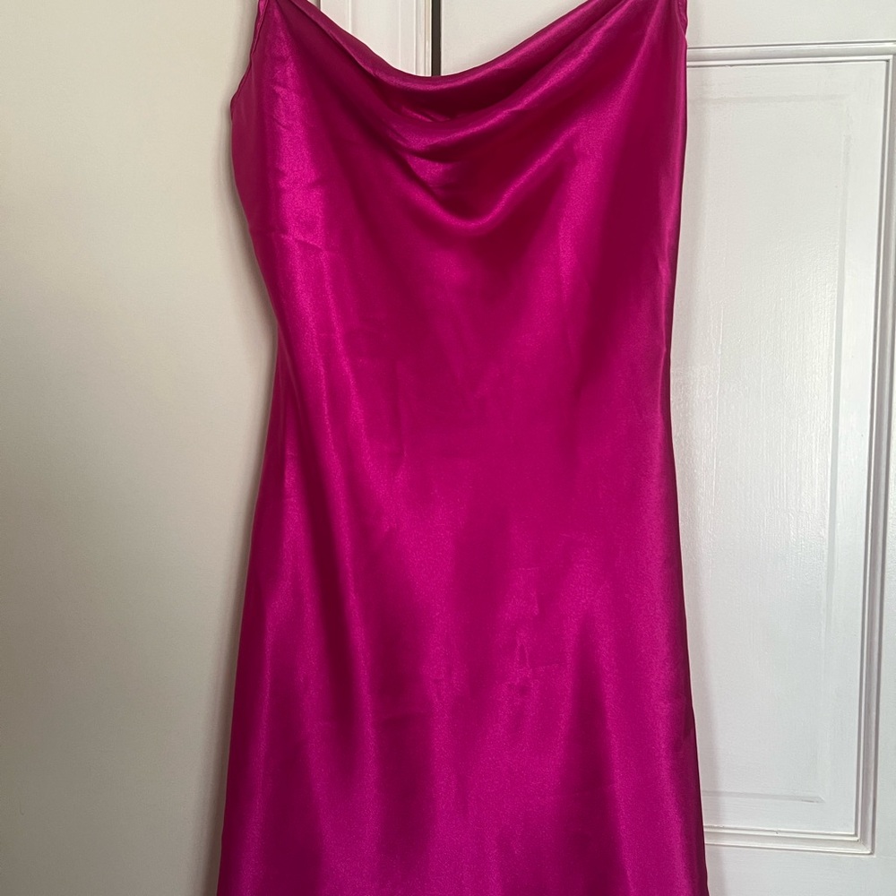 Satin Cowl Neck Slip Dress - Hot Pink